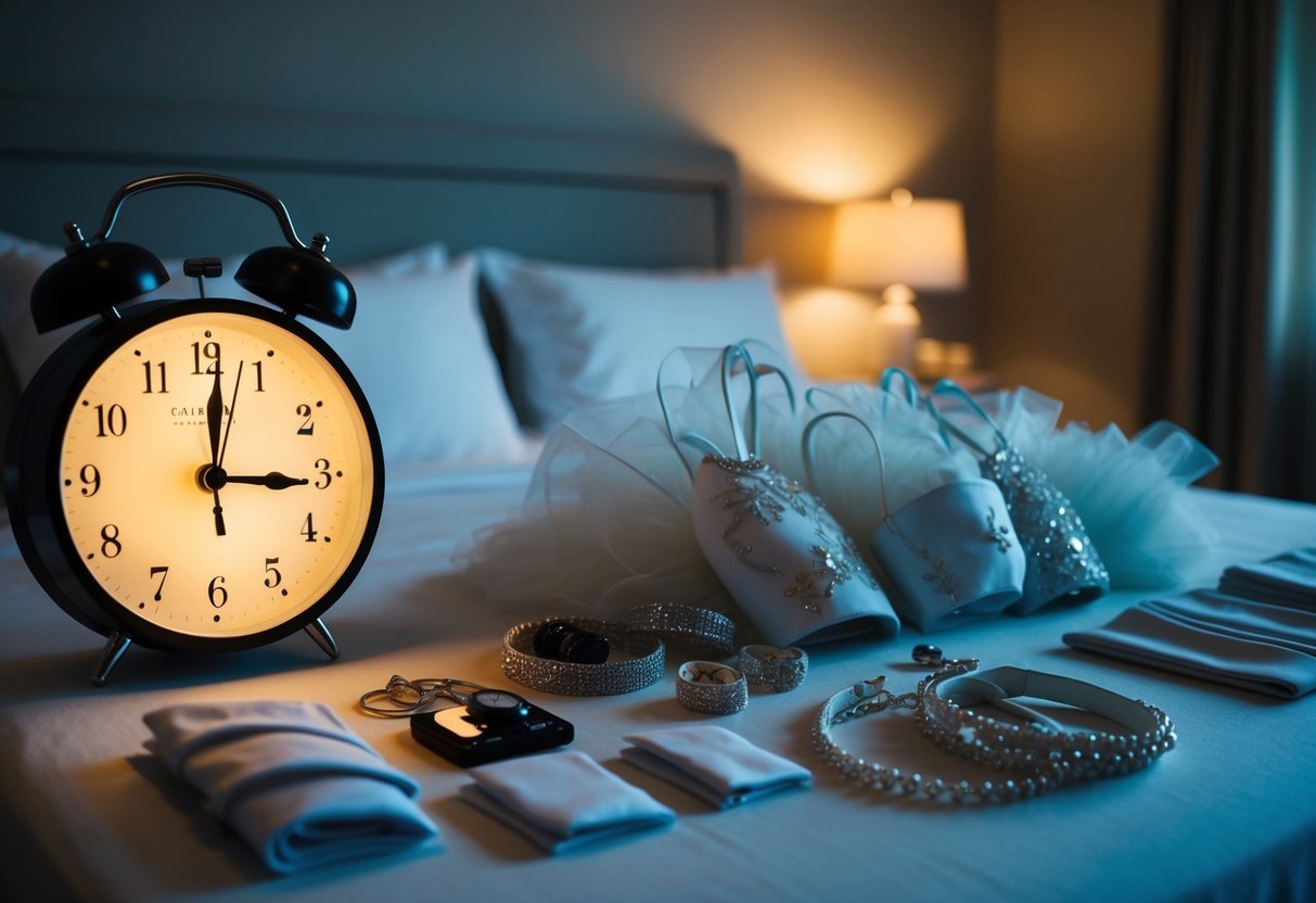 A dimly lit room with a softly glowing alarm clock set to 4:30 am. A neatly arranged array of wedding attire and accessories laid out on a table