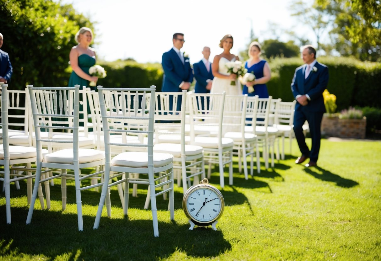 A sunlit garden with chairs arranged for a ceremony. A clock on a nearby table reads 4:30. Guests begin to arrive, considering the early hour for a wedding