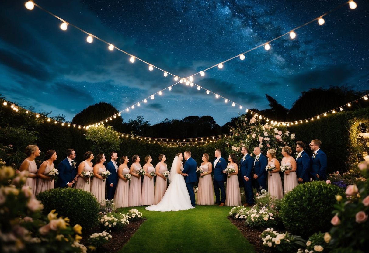 A small wedding party gathers in a lush garden, surrounded by blooming flowers and twinkling lights under a starry night sky
