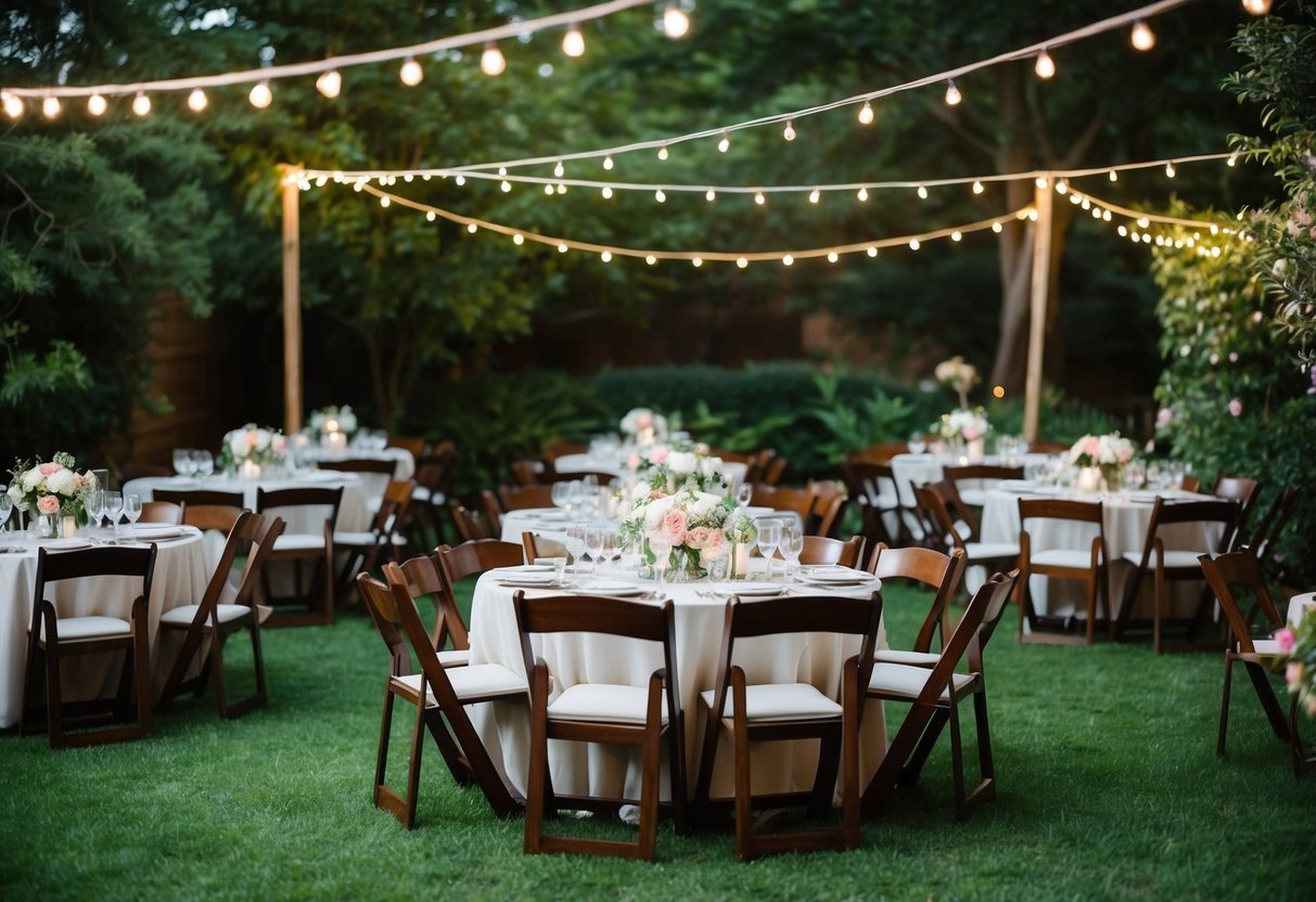 A cozy outdoor garden with a small, intimate wedding set up for 45 people. Tables adorned with flowers and twinkling lights create a romantic atmosphere