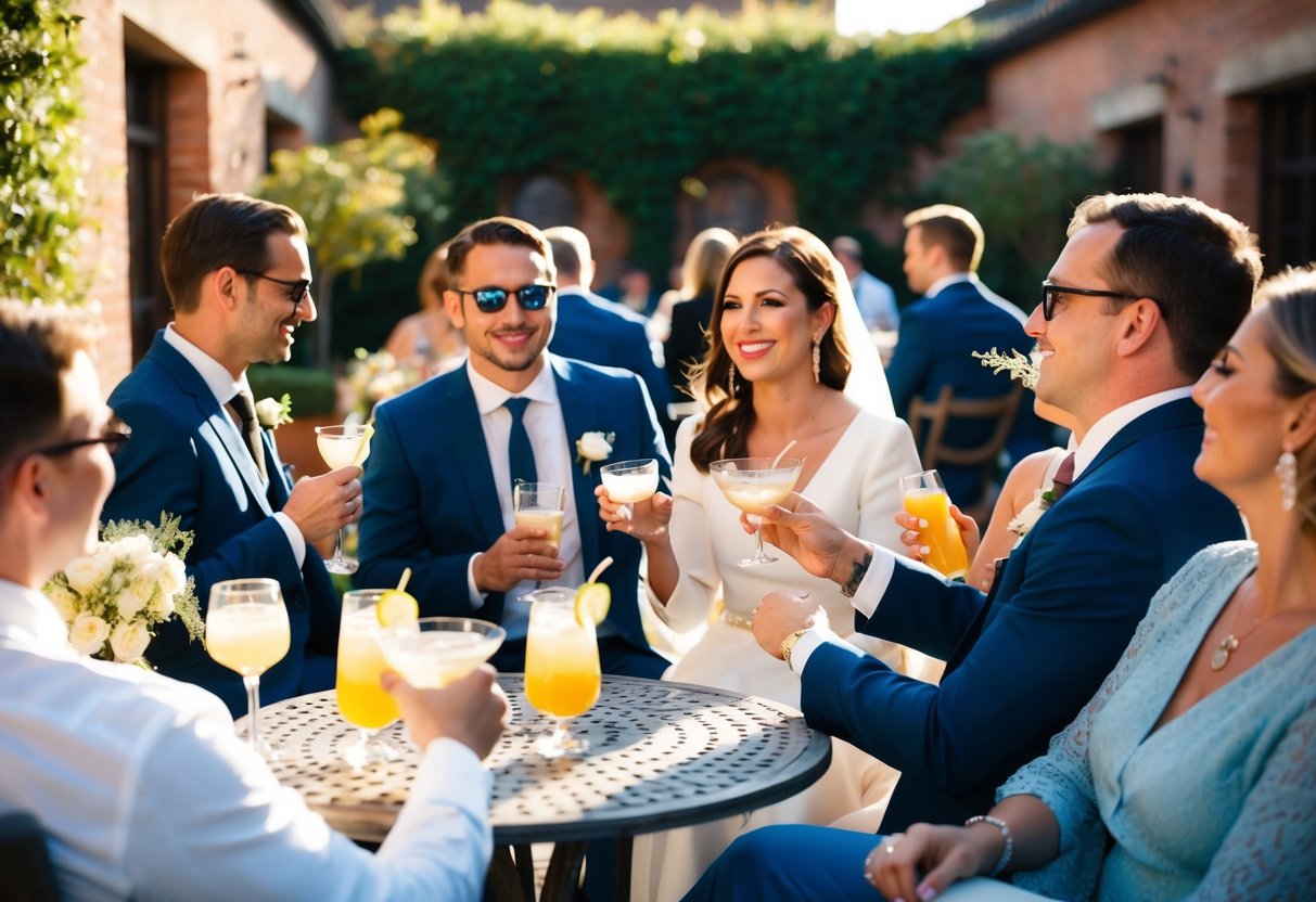 Guests mingle in a sunlit courtyard, sipping cocktails and enjoying live music. The serene atmosphere is perfect for post-ceremony relaxation