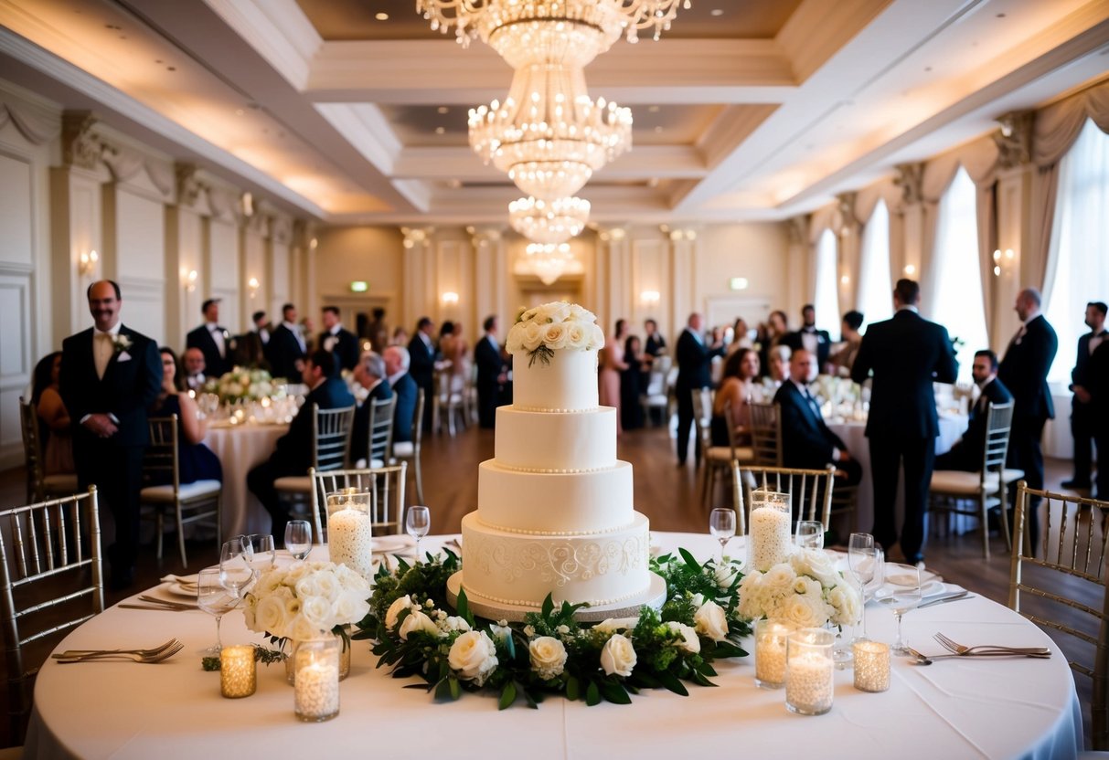 A lavish wedding venue with elegant decorations and a grand reception hall filled with guests and a beautiful wedding cake