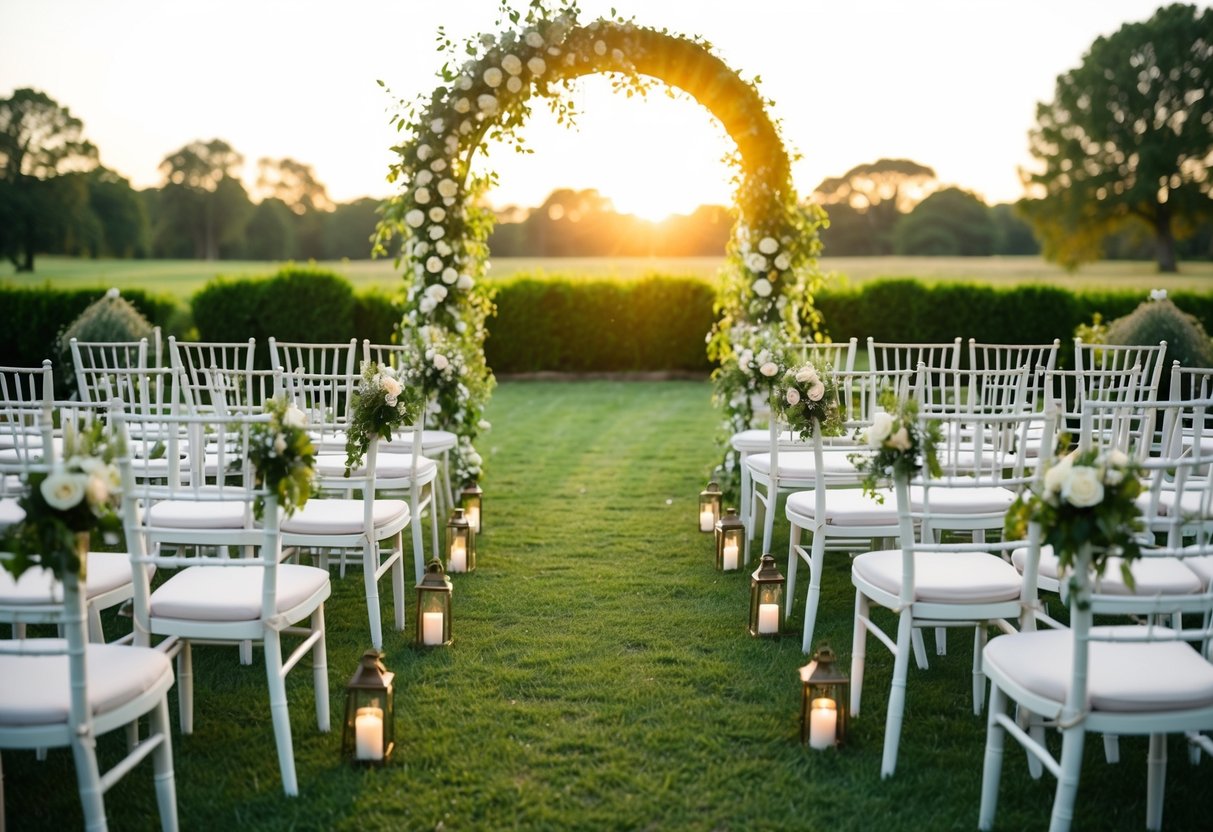 A beautiful outdoor wedding venue with 45 chairs arranged in front of an elegant archway adorned with flowers and greenery. The sun is setting, casting a warm glow over the scene