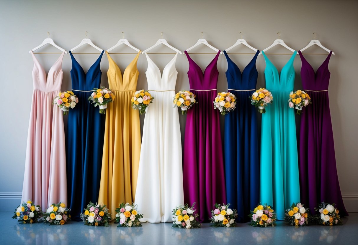 Seven elegant dresses arranged in a row, each a different color, with matching bouquets of flowers lined up beside them