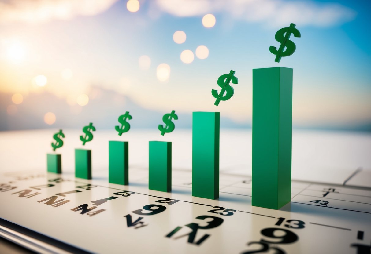 A calendar with highlighted dates and rising dollar signs