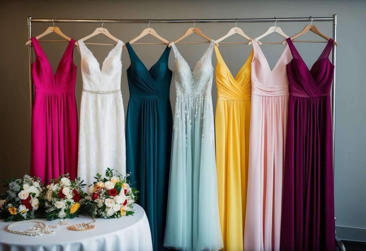 Seven bridesmaid dresses hanging on a rack, each in a different color and style. Bouquets of flowers and jewelry laid out on a table nearby