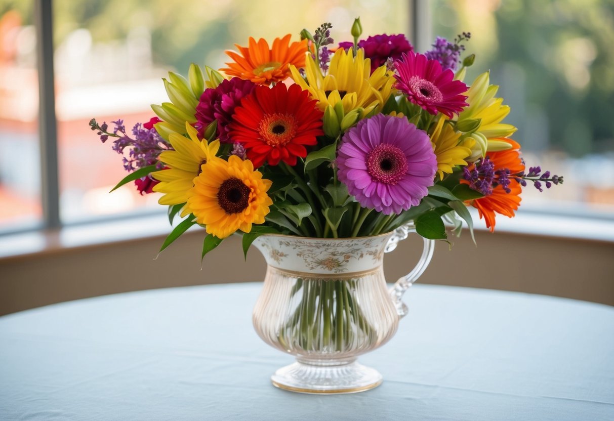 A bouquet of colorful flowers arranged in a delicate vase on a table
