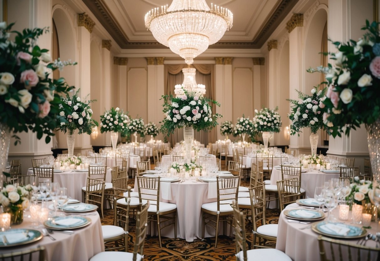 A grand ballroom adorned with elegant chandeliers and ornate floral arrangements. Tables set with fine china and crystal stemware, surrounded by opulent decor