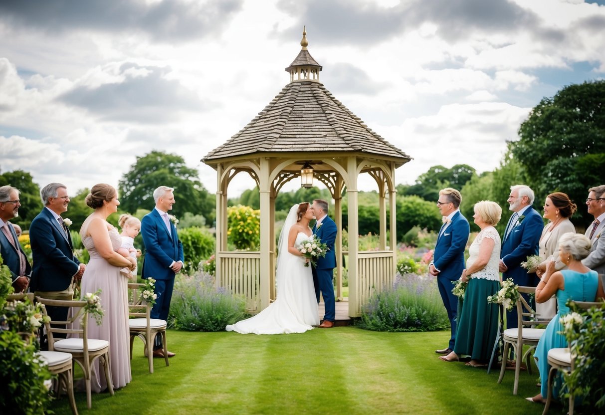 A quaint English countryside garden with a charming gazebo, surrounded by close family and friends, enjoying an intimate wedding ceremony