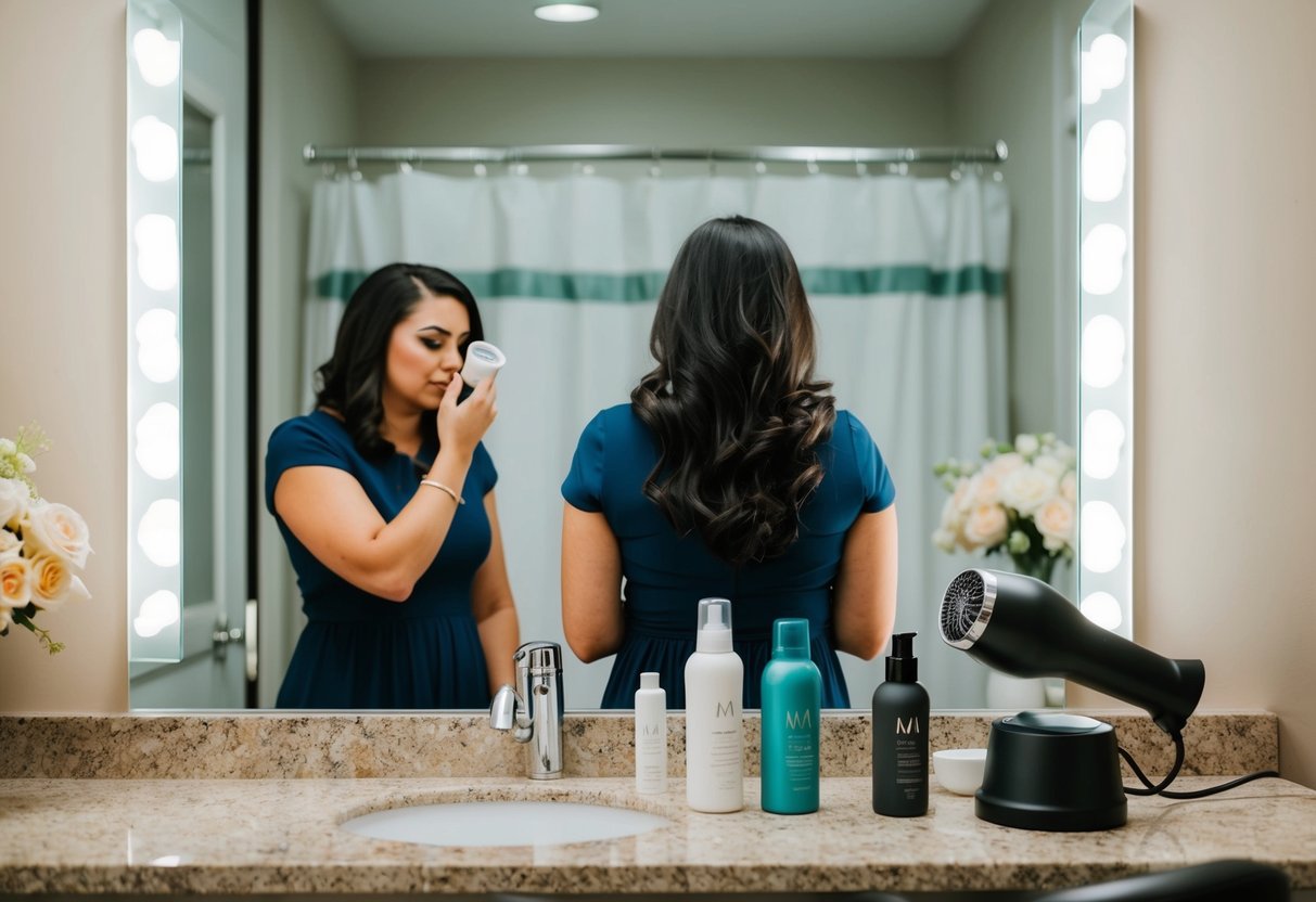 A person standing in front of a mirror with hair products and a hairdryer on a countertop, contemplating whether to wash their hair before getting it styled for a wedding