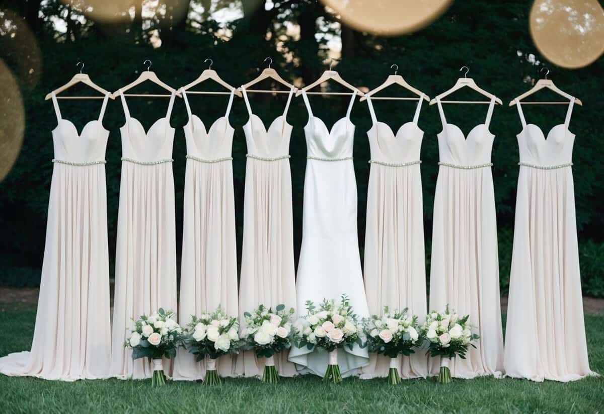 A group of eight identical dresses hanging on individual hangers, arranged neatly in a row, with matching bouquets laid out in front of them