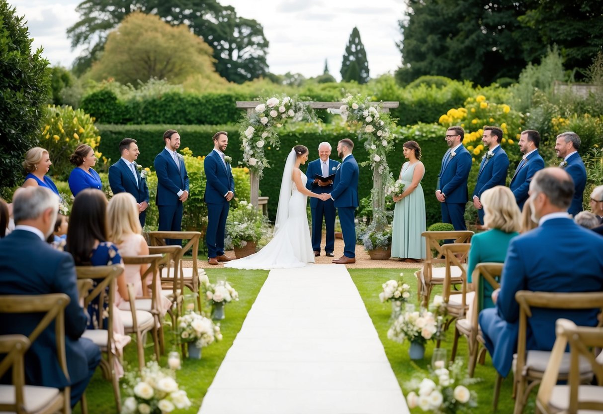 A quaint English garden with a simple ceremony setup, surrounded by close family and friends