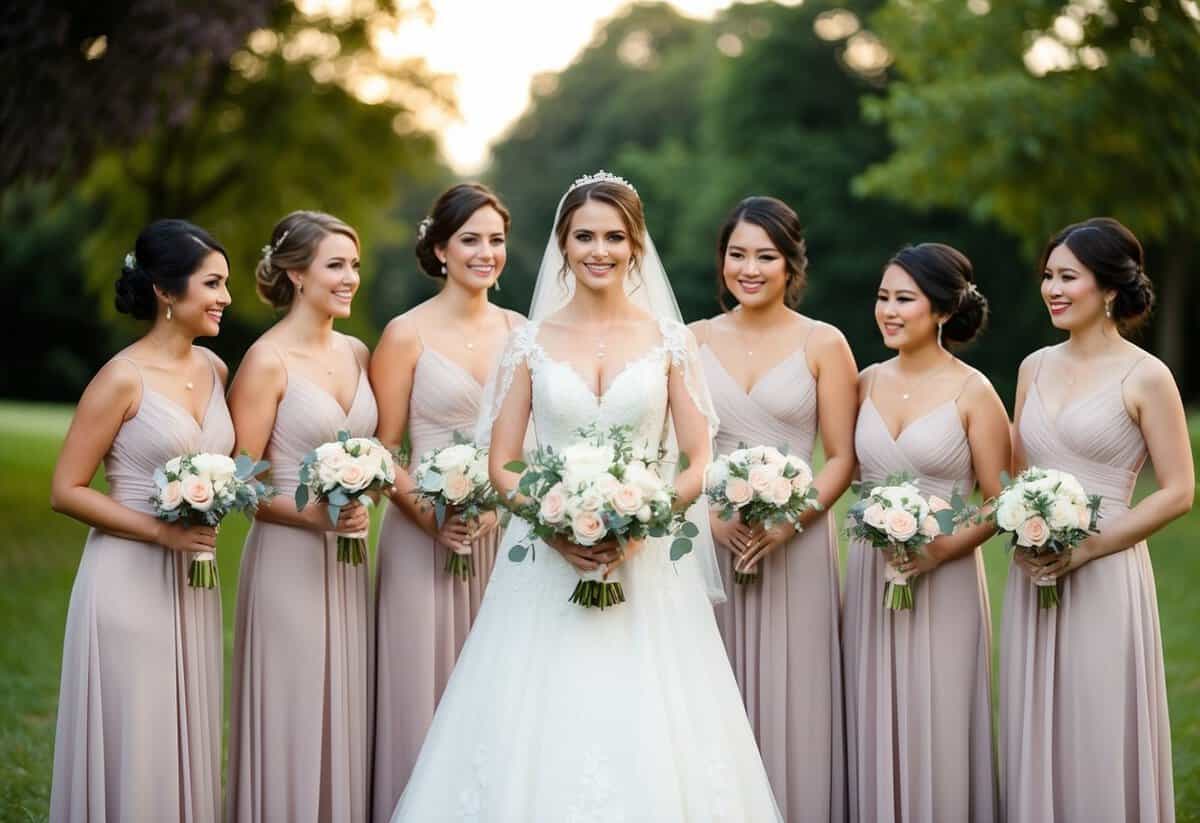 A bride surrounded by eight bridesmaids in matching dresses, holding bouquets, standing in a line