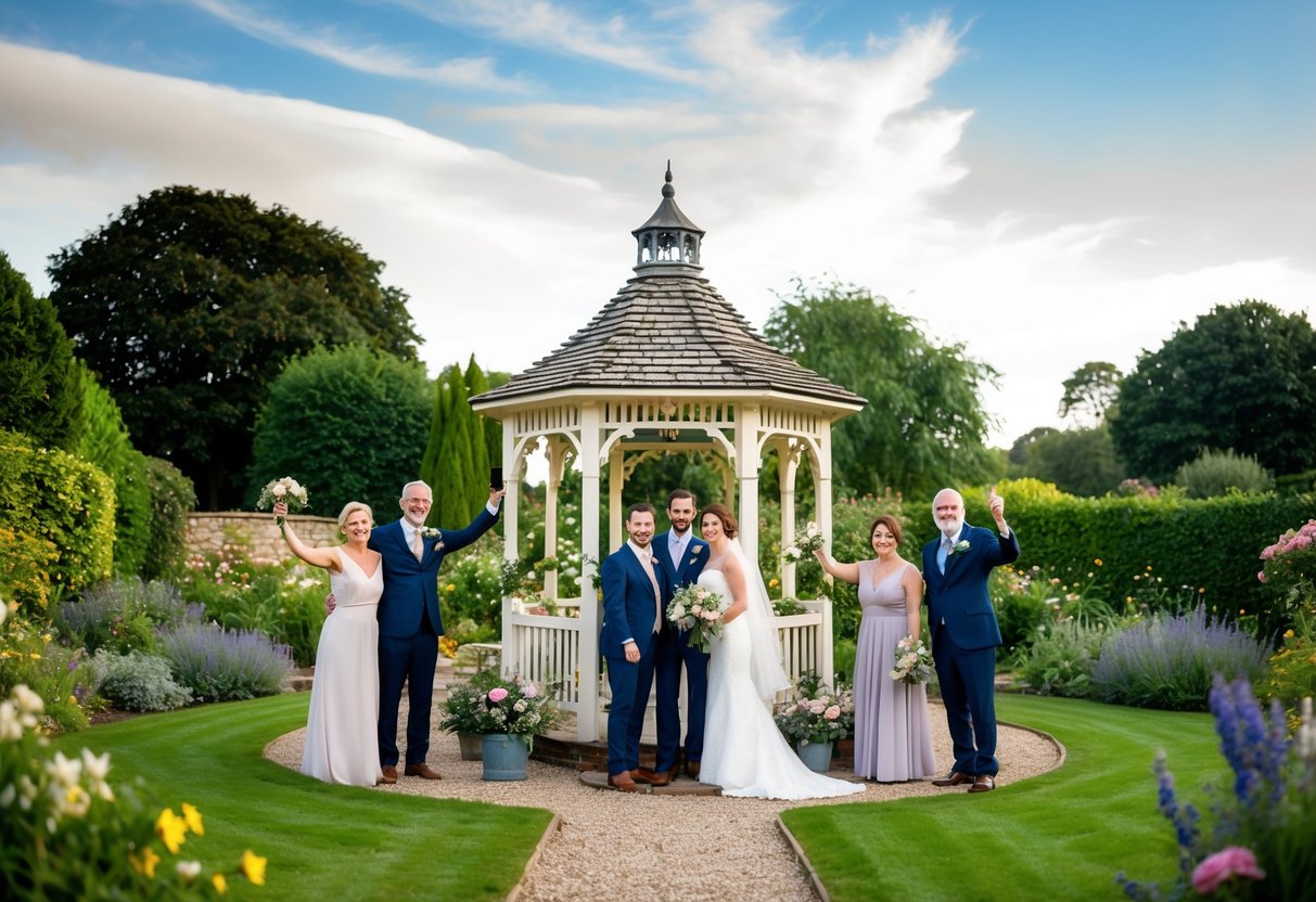 A quaint English garden with a small, elegant gazebo adorned with flowers, surrounded by a few close friends and family members celebrating a recent wedding