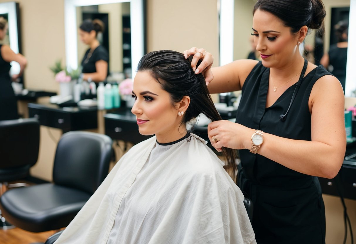 A woman sits in a salon chair, hair wrapped in a towel, while a stylist prepares to wash and style her hair for a wedding