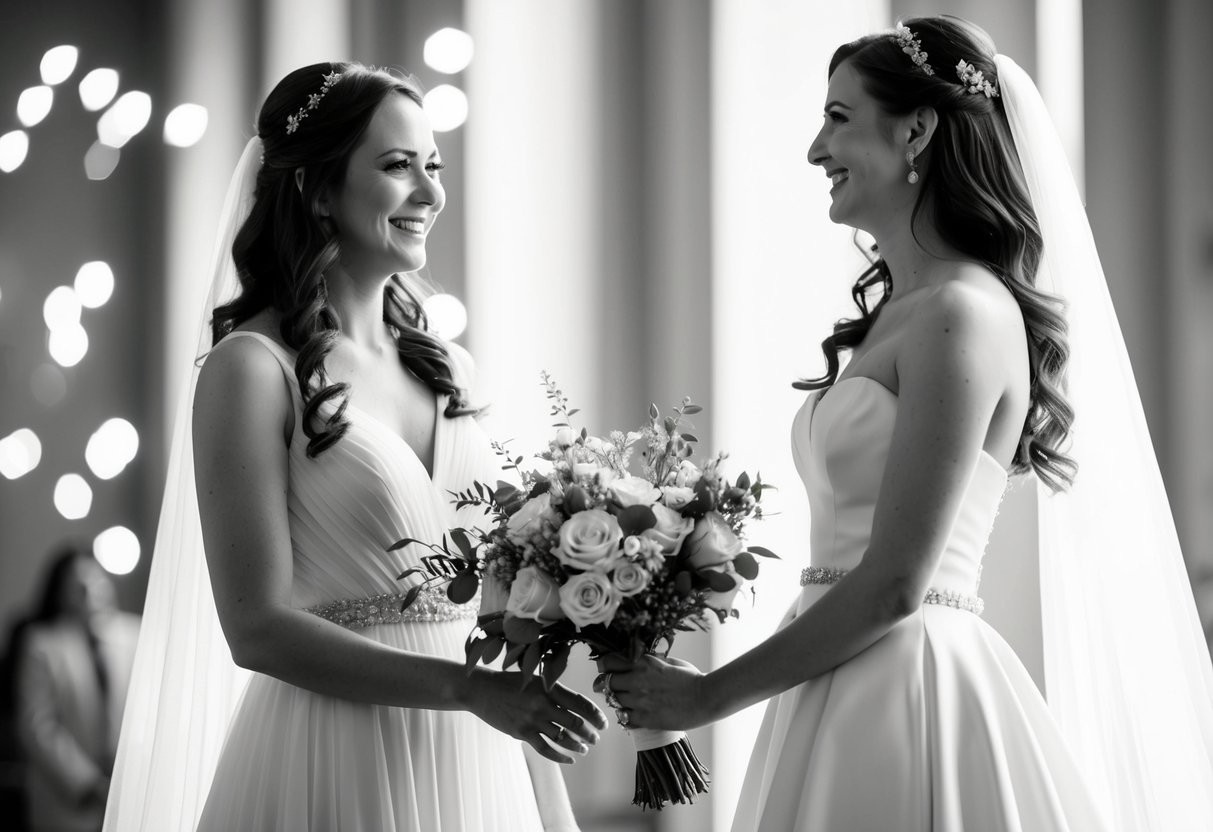 A woman in a flowing gown stands beside a bride, holding a bouquet and smiling