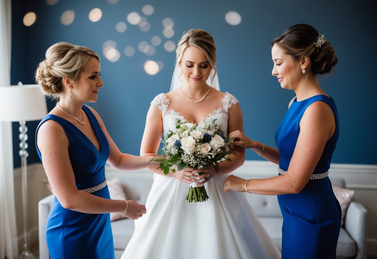 A maid of honor holding a bouquet, assisting the bride with her gown, and offering emotional support
