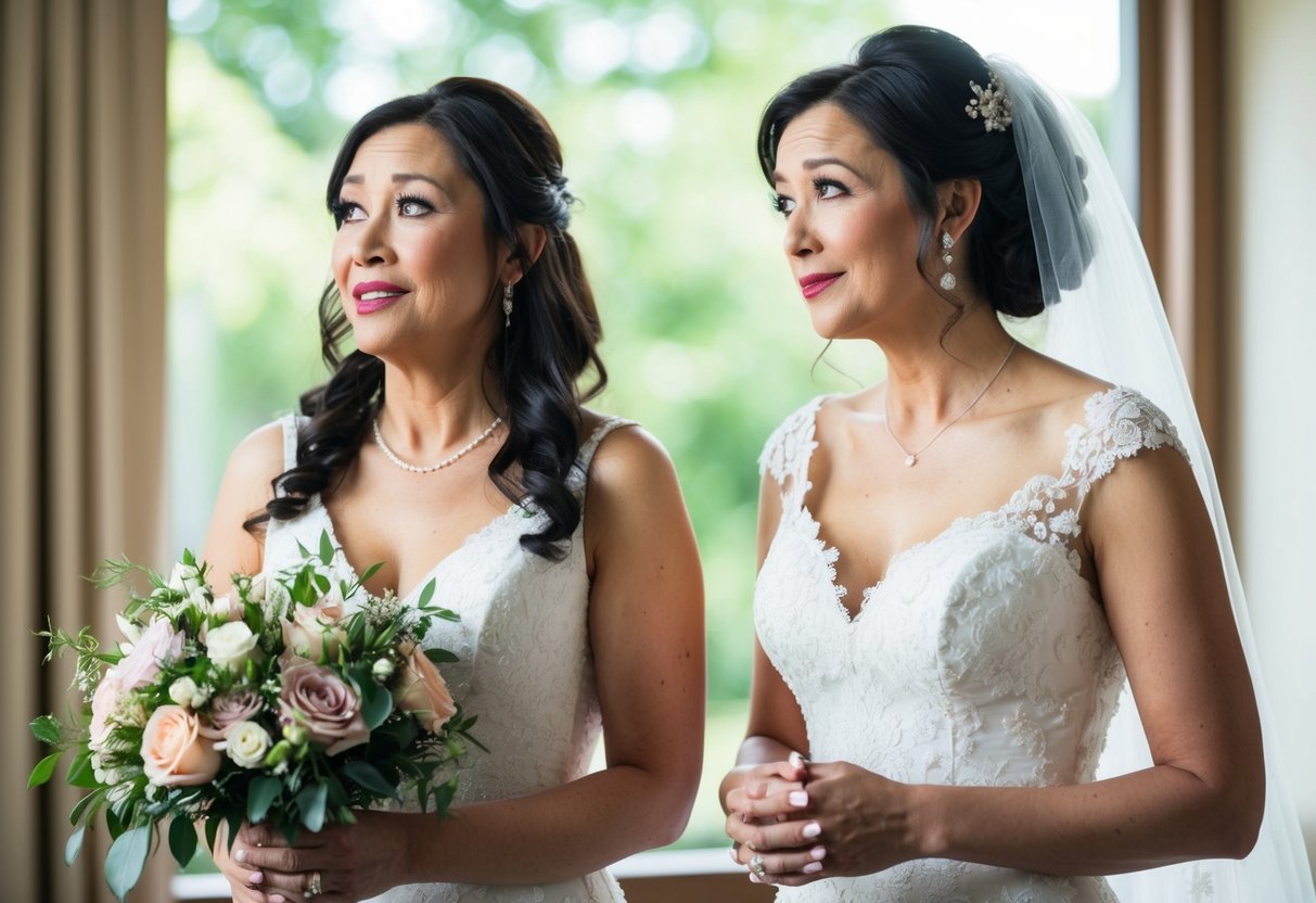 A bride and her mother stand side by side, the mother holding a bouquet of flowers. The bride looks at her mother with a mix of joy and concern, contemplating the decision to choose her as maid of honor