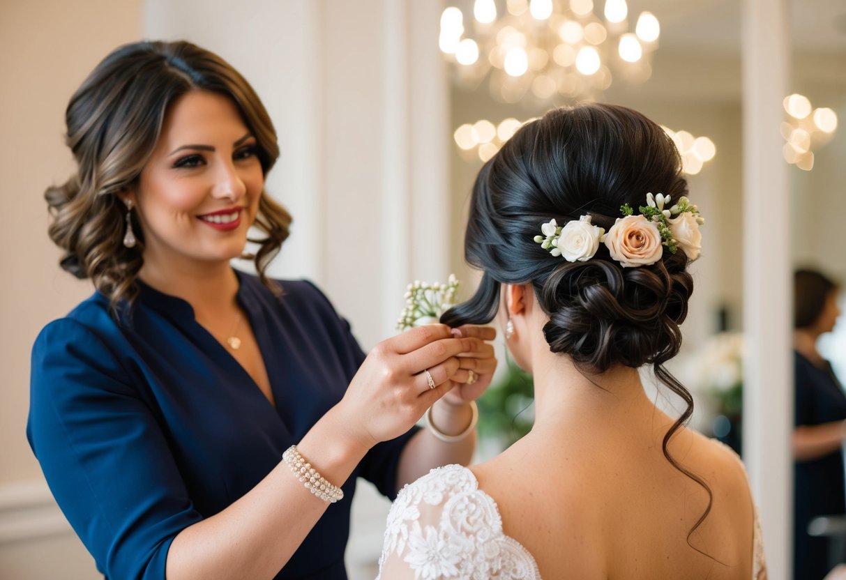 A hairstylist arranging elegant updo with flowers and curls for a wedding