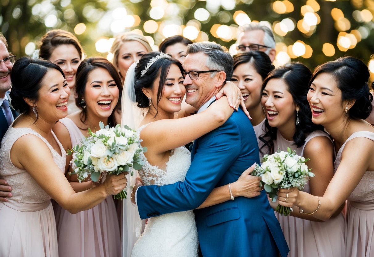 A bride and her mother embracing, surrounded by bridesmaids and family members, all smiling and celebrating together