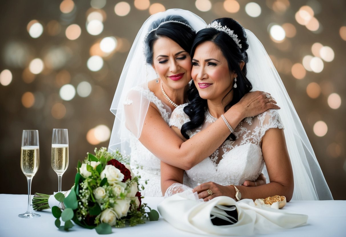 A bride and her mother embrace, surrounded by traditional pre-wedding items like a veil, bouquet, and champagne glasses