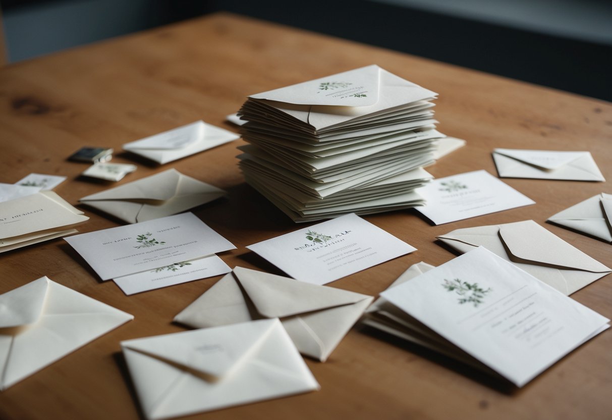 A stack of wedding invitation envelopes with varying levels of wear and tear, some opened and others sealed, scattered on a table