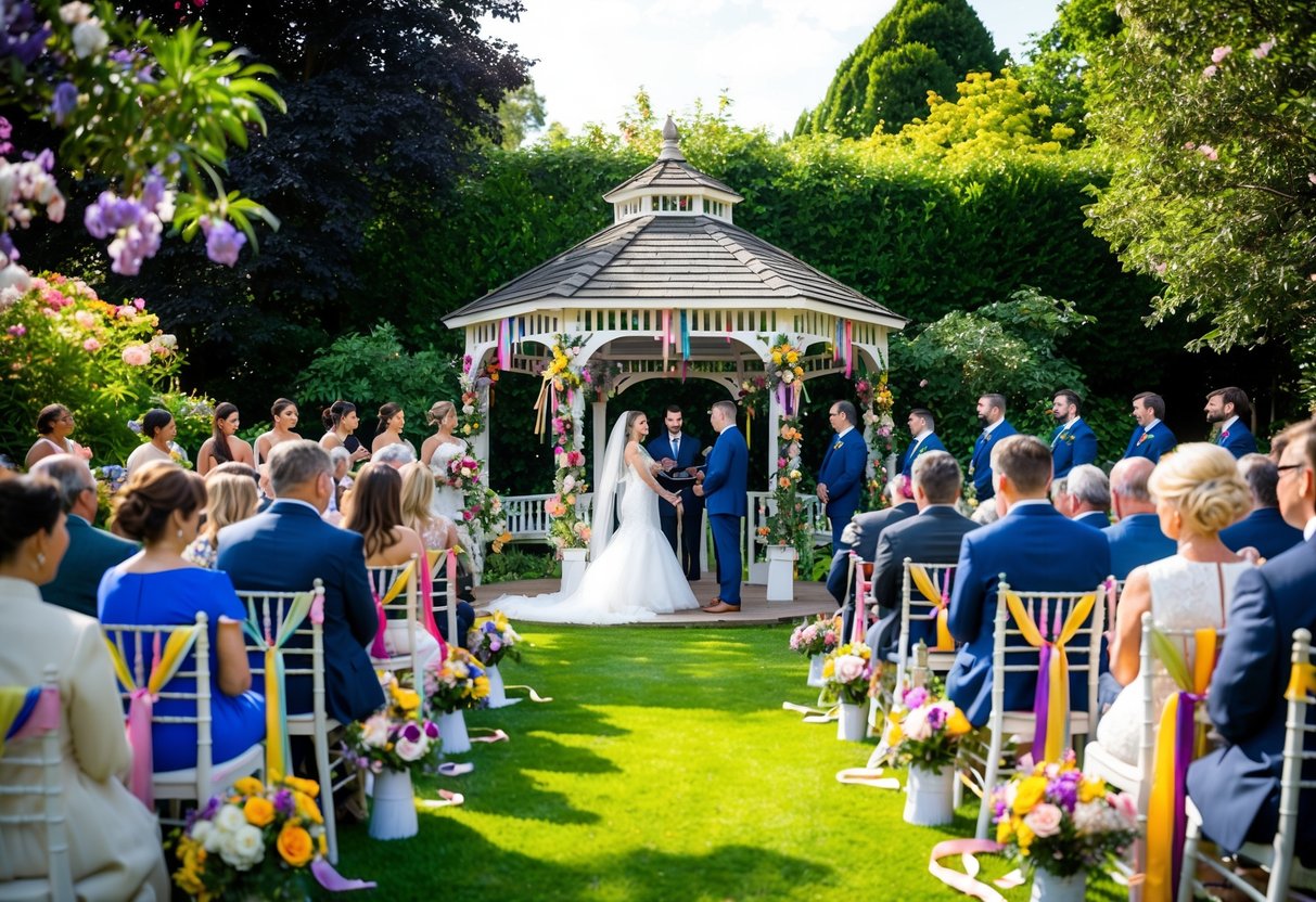 A lush garden filled with blooming flowers and a beautiful gazebo adorned with colorful ribbons and decorations. Guests are seated, and a bride and groom stand at the altar exchanging vows