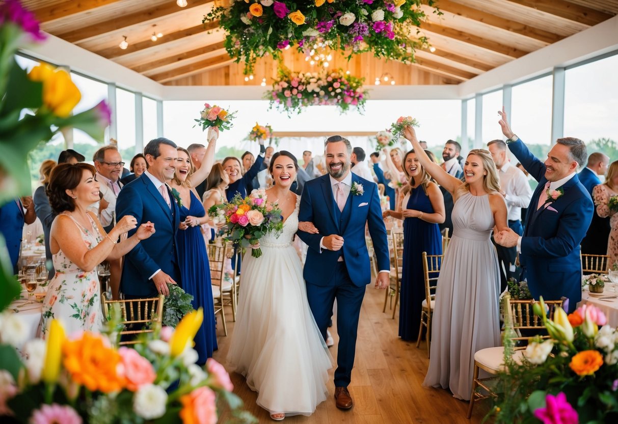 A bustling wedding venue in June with vibrant flowers, flowing dresses, and joyful guests celebrating love