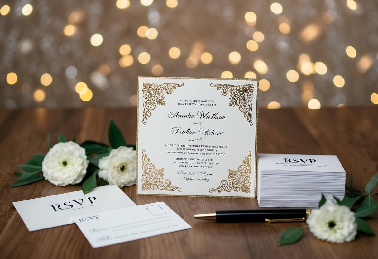 A beautifully decorated wedding invitation surrounded by a stack of RSVP cards and a pen, with a couple's names elegantly written on the top card