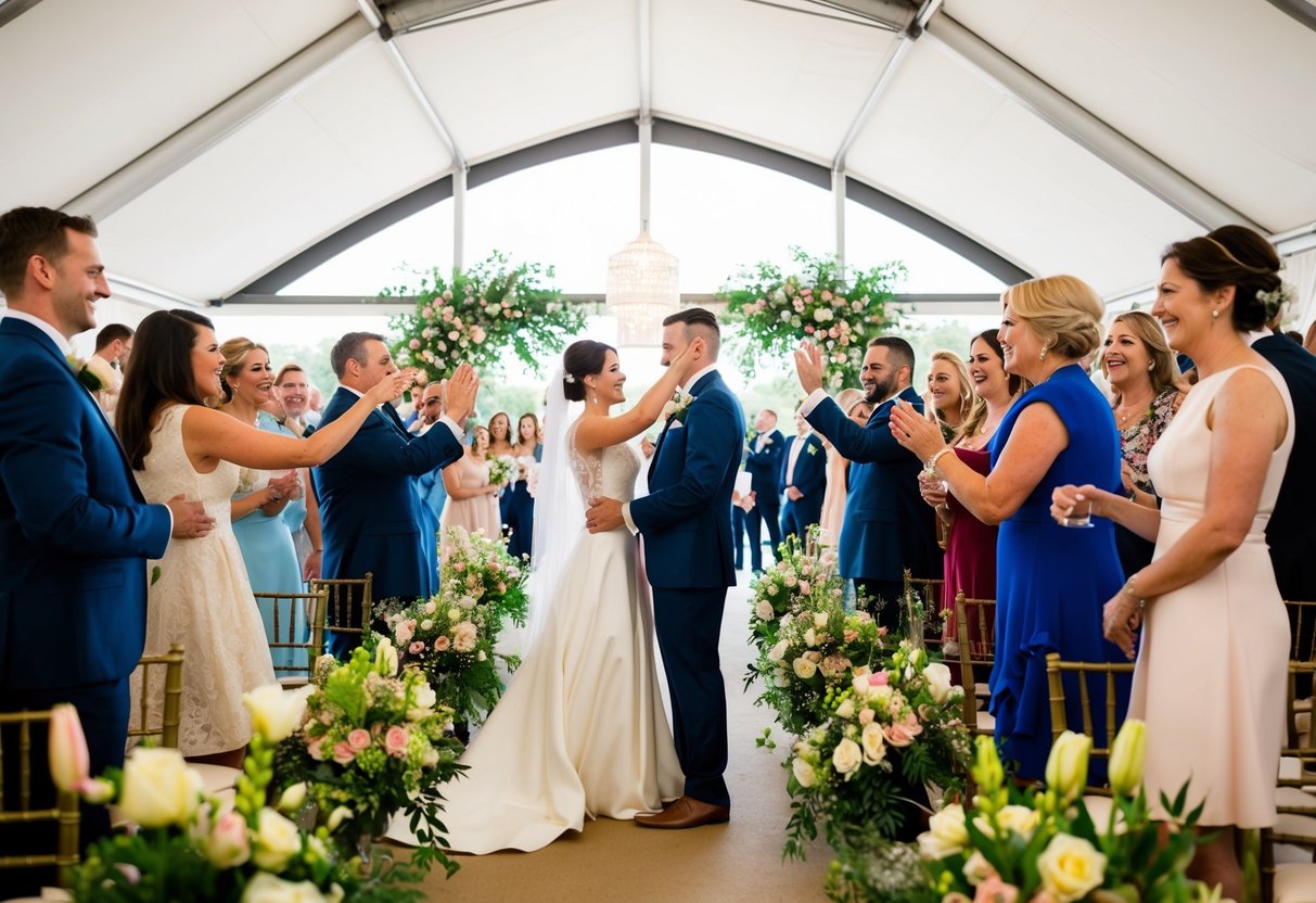 A bustling wedding venue in June, with couples exchanging vows amidst blooming flowers and a flurry of guests celebrating