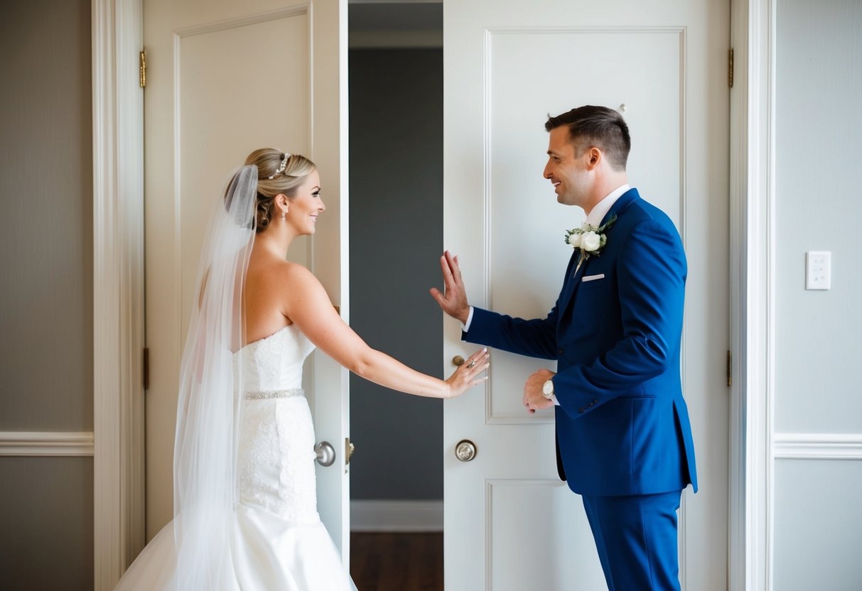 A bride and groom standing on opposite sides of a closed door, reaching out to touch it but not quite making contact