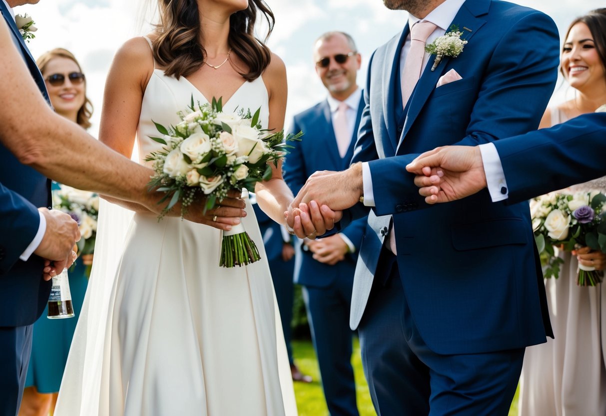 A couple holding hands and smiling at each other, surrounded by friends and family at a wedding ceremony