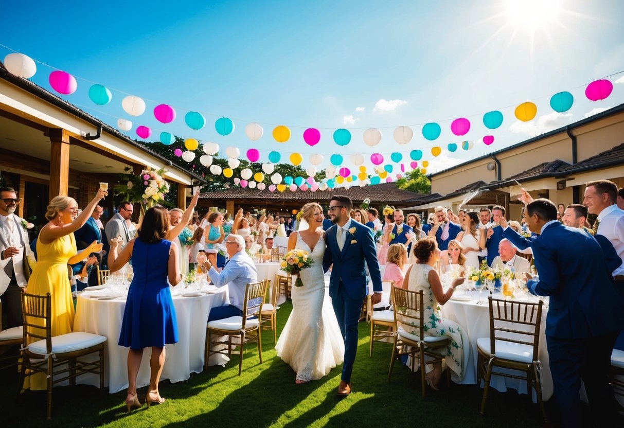 A bustling wedding venue in June, with colorful decorations and happy guests celebrating under a sunny sky