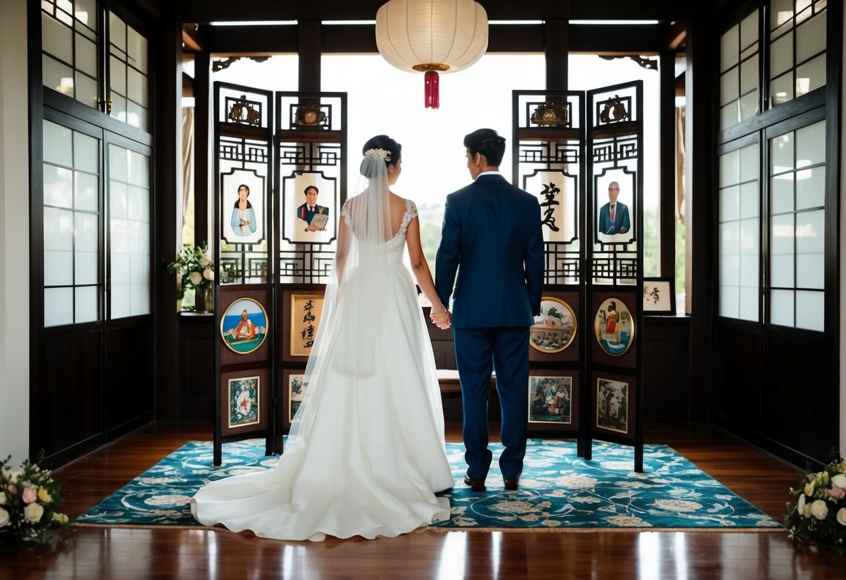 A bride and groom stand facing away from each other, separated by a traditional ceremonial screen. They are surrounded by symbolic items representing their individual histories and families
