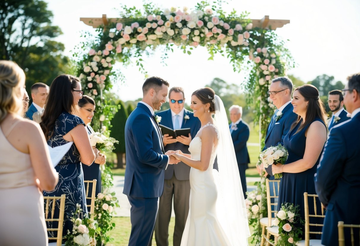 A bustling scene at a wedding venue, with couples exchanging vows under a floral arch in the midst of a sunny, outdoor ceremony