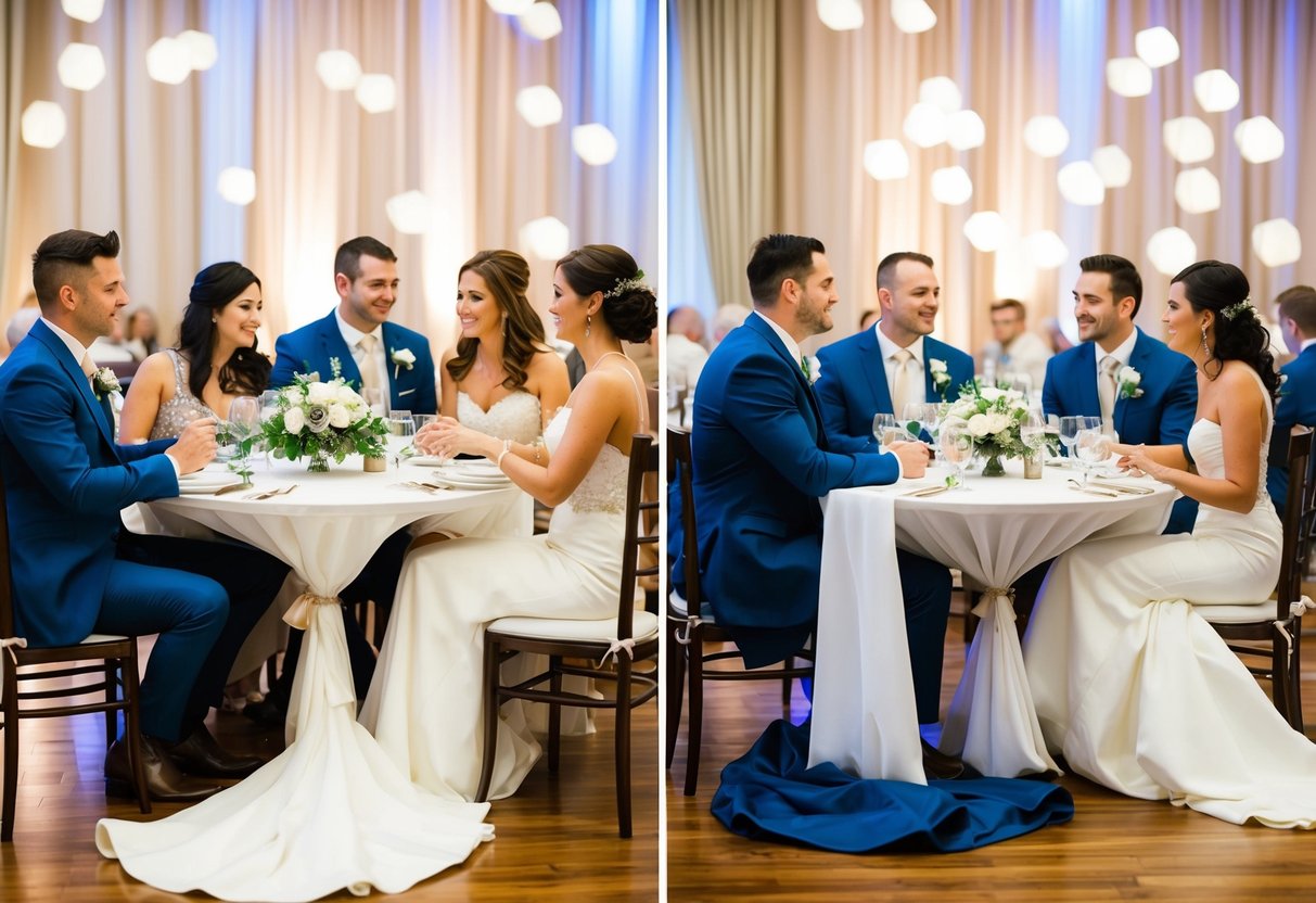 The bride and groom sit at separate tables, each surrounded by their closest friends, discussing the details of the upcoming wedding