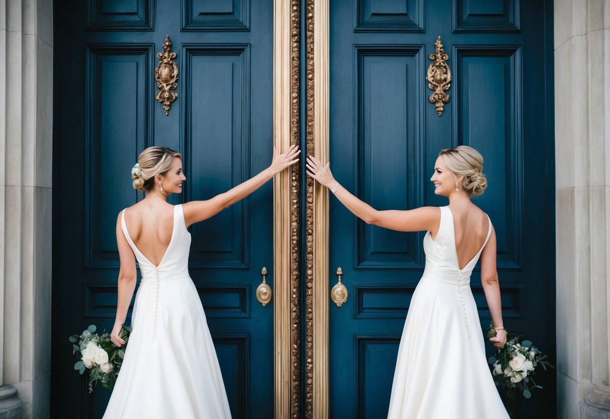 A bride and groom stand on opposite sides of a large, ornate doorway, each reaching out a hand as if longing to be together