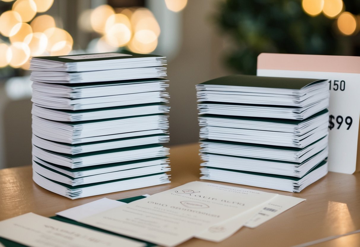 A stack of 100 elegant invitations arranged neatly on a table, with a price tag displayed next to them