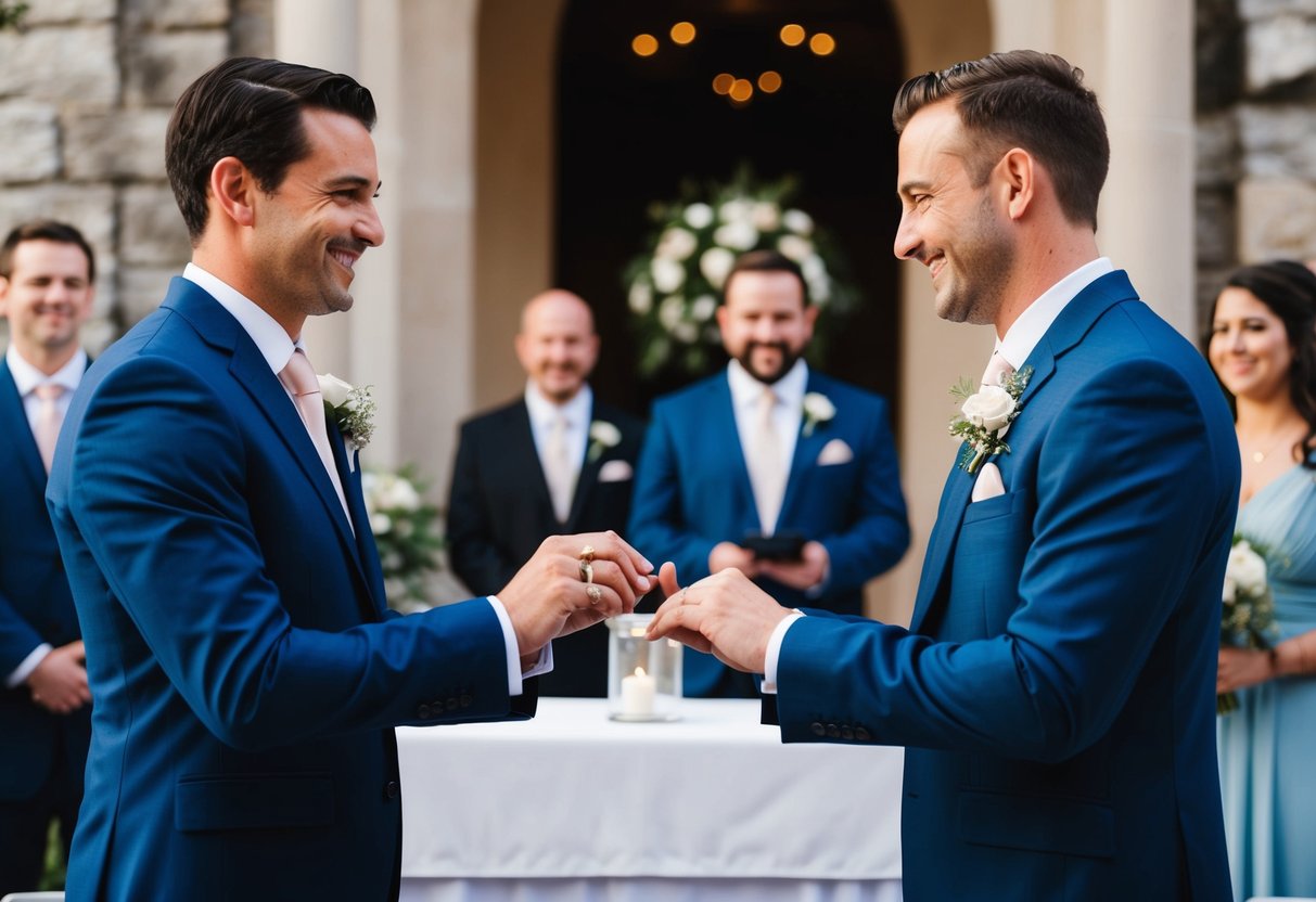A suited figure stands at the altar, holding the rings. The groom's closest friend, he smiles as the couple exchange vows