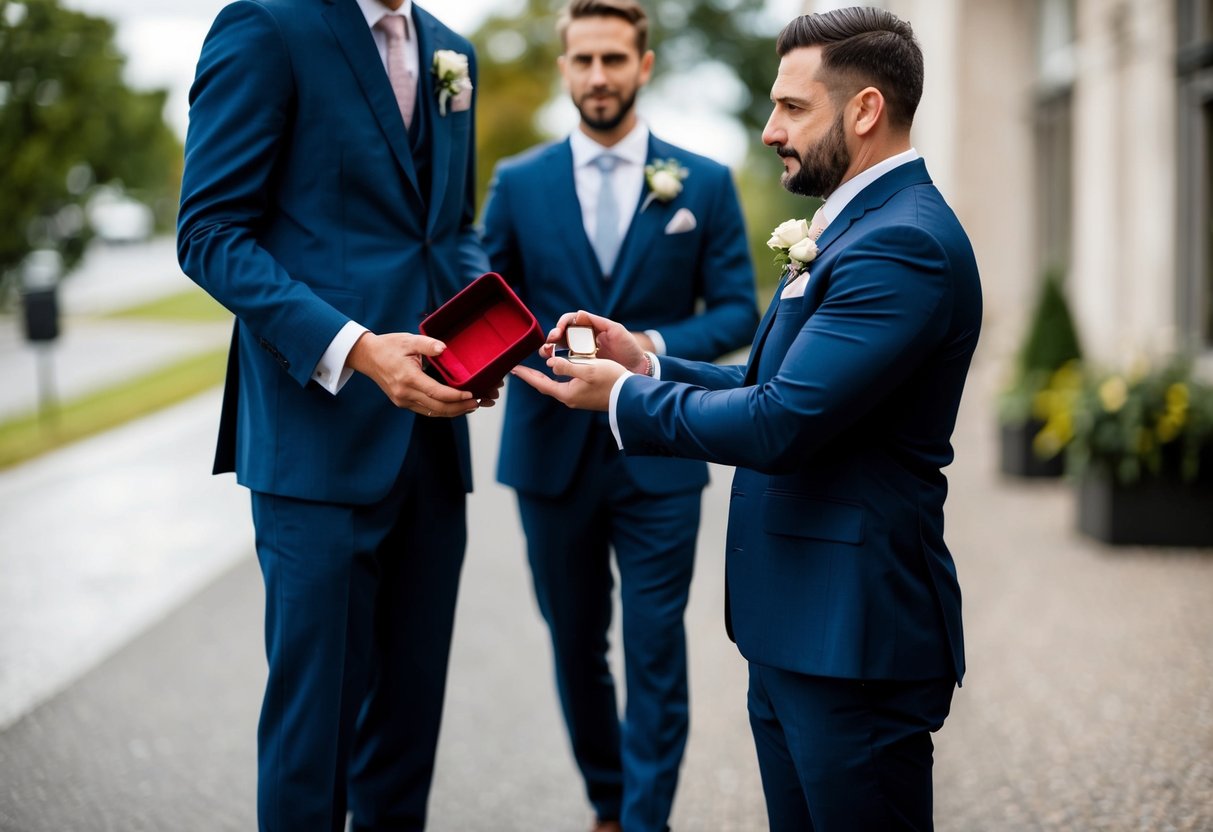 A well-dressed figure holds a wedding ring box, standing beside a groom and offering support