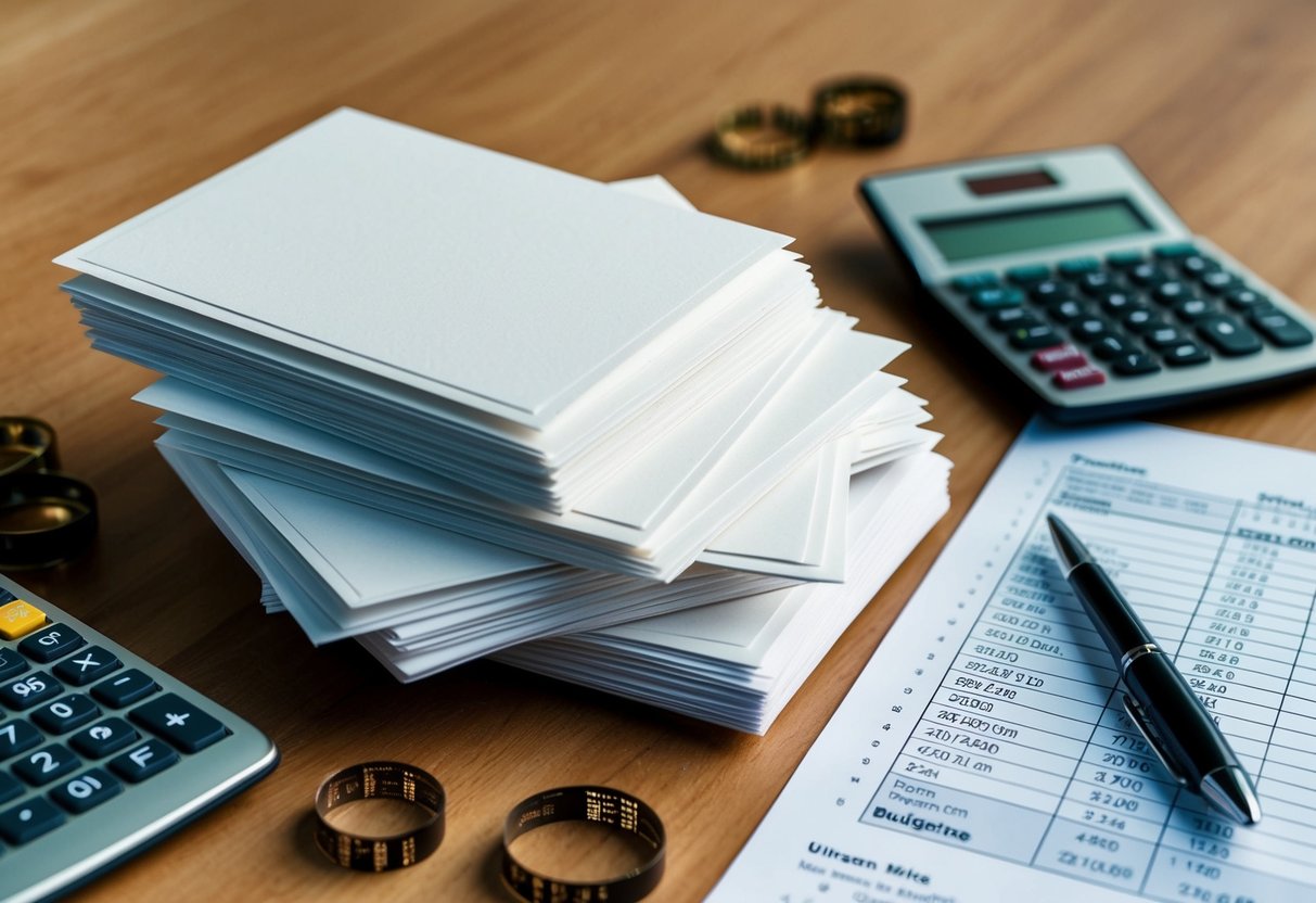 A stack of 100 elegant invitations, surrounded by a calculator, pen, and budgeting spreadsheet