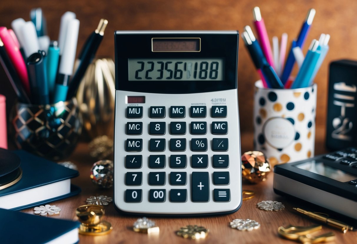 A calculator with numbers displayed, surrounded by various decorative elements and stationery supplies