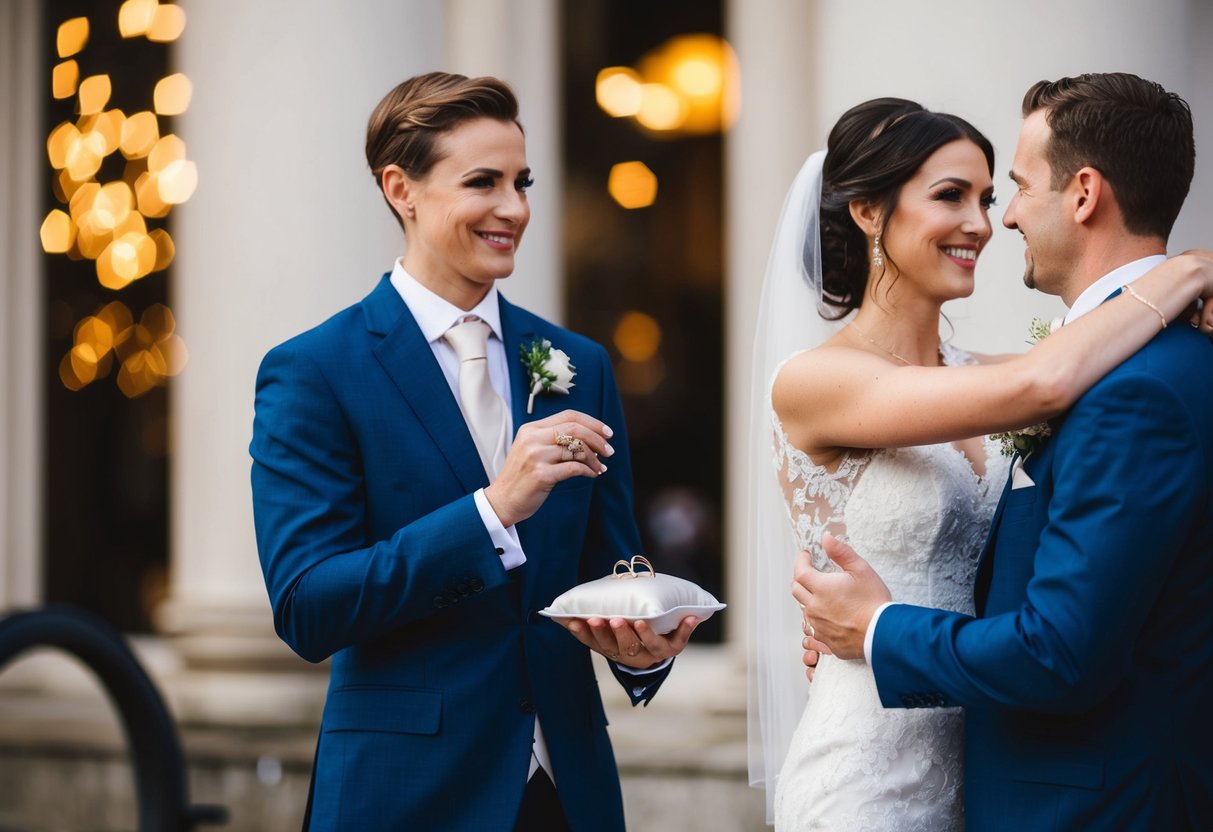 A suited figure stands beside the groom, holding the wedding rings on a small cushion. The figure looks on with a smile, as the newlyweds embrace