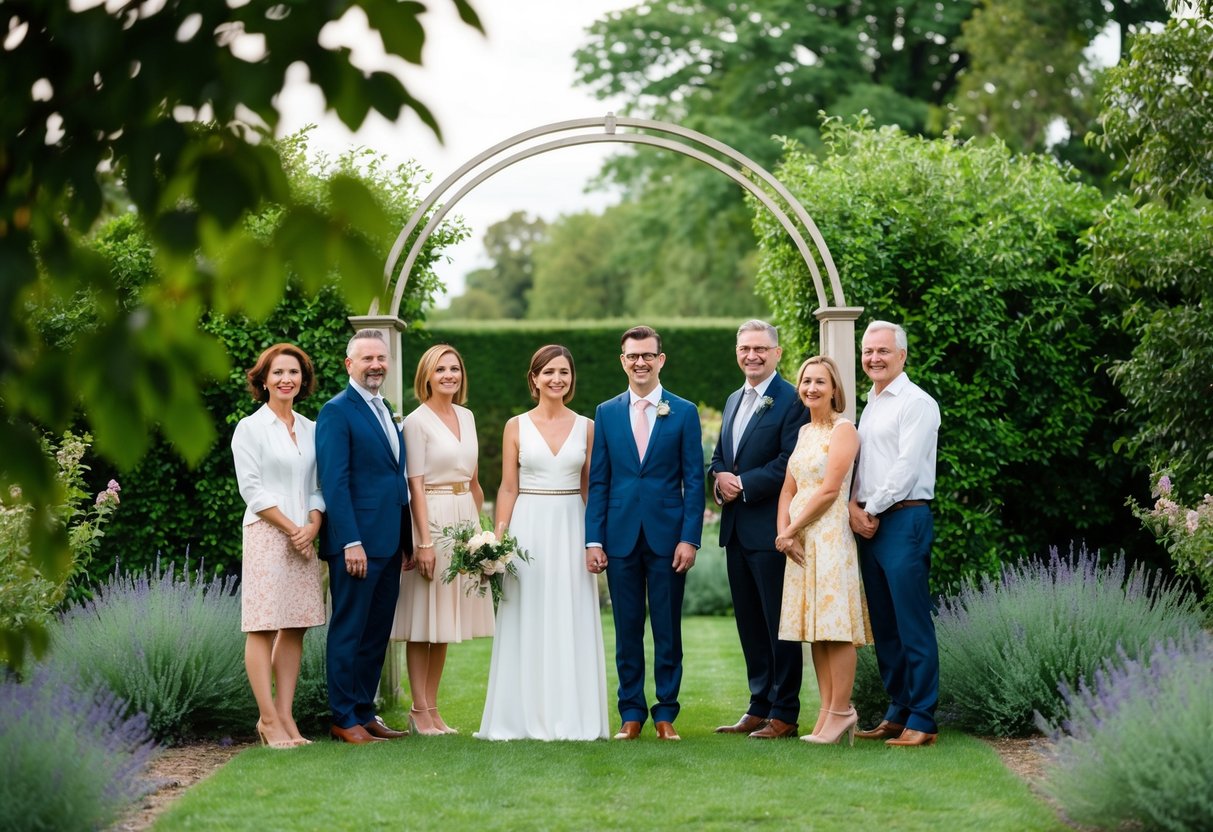 A couple standing alone under a simple archway in a secluded garden, surrounded by a few close friends and family members