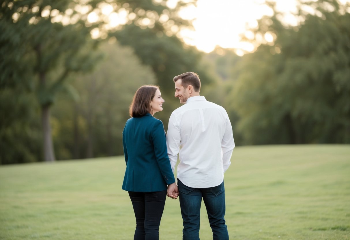 A couple standing alone in a simple outdoor setting, with no other people around