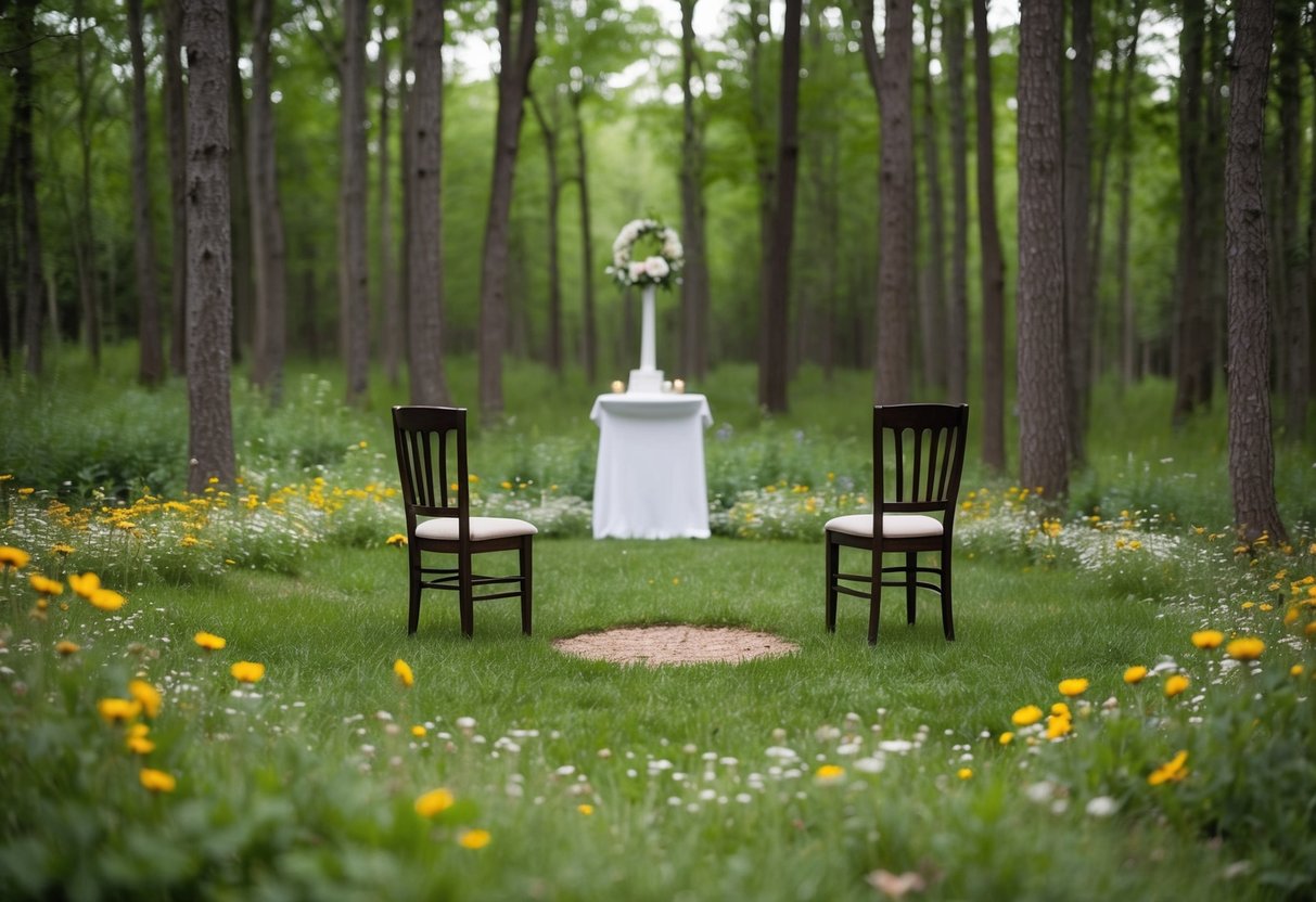A secluded forest clearing with a simple altar and two chairs facing each other, surrounded by a small circle of wildflowers