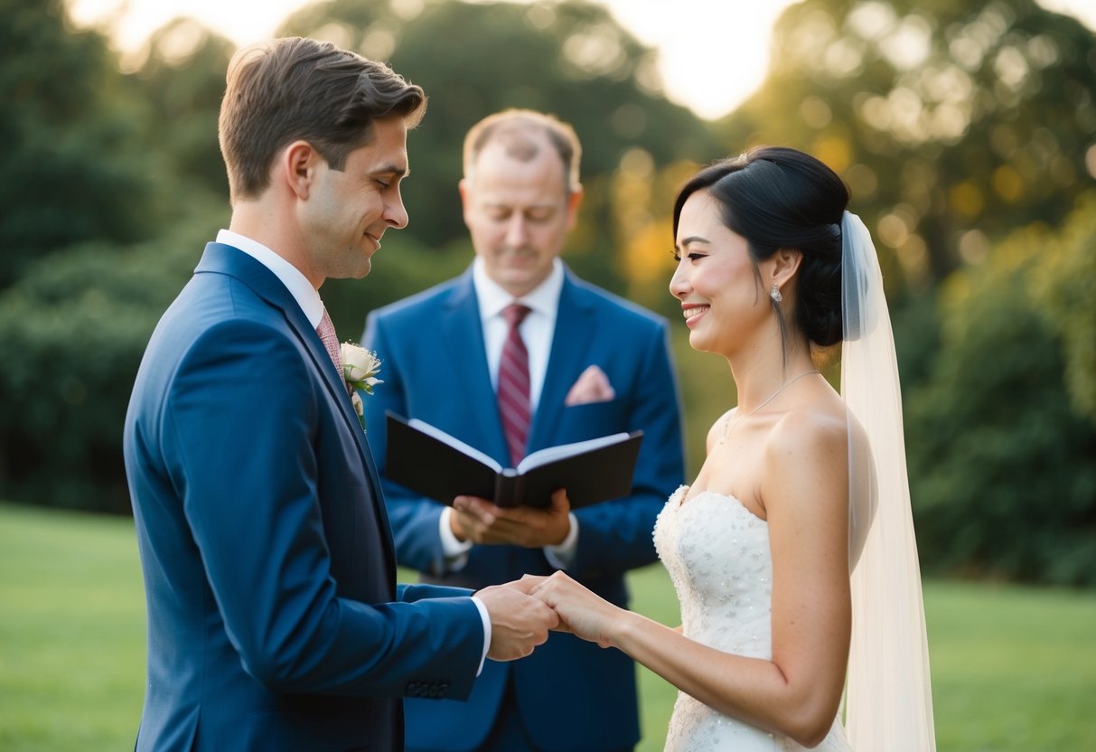 A simple outdoor setting with two figures exchanging vows privately