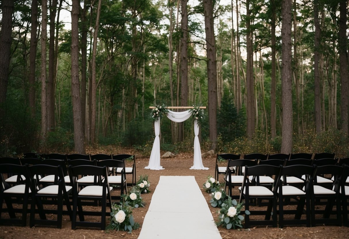 A secluded forest clearing with a simple altar and a handful of chairs arranged for an intimate elopement ceremony