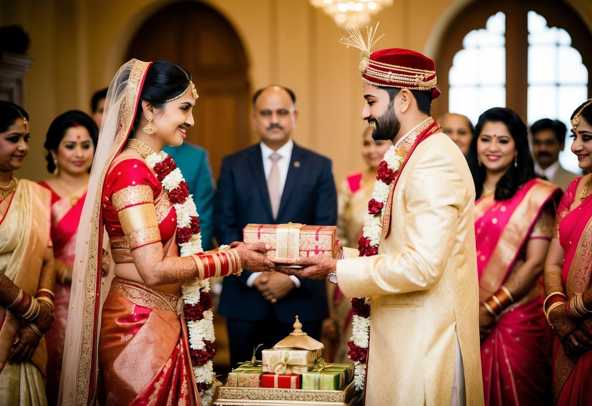 The groom presents a traditional dowry to the bride's family, including gifts, money, or livestock, as a symbol of his commitment and ability to provide for her