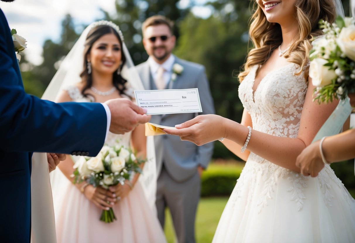 The groom handing over a check or cash to the bride's family as a symbol of his financial responsibilities in marriage